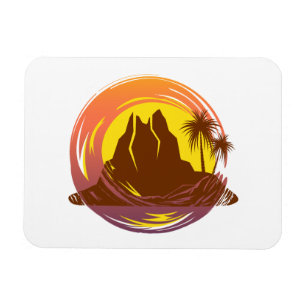 Badge with tropical volcano scenery and palm trees magnet