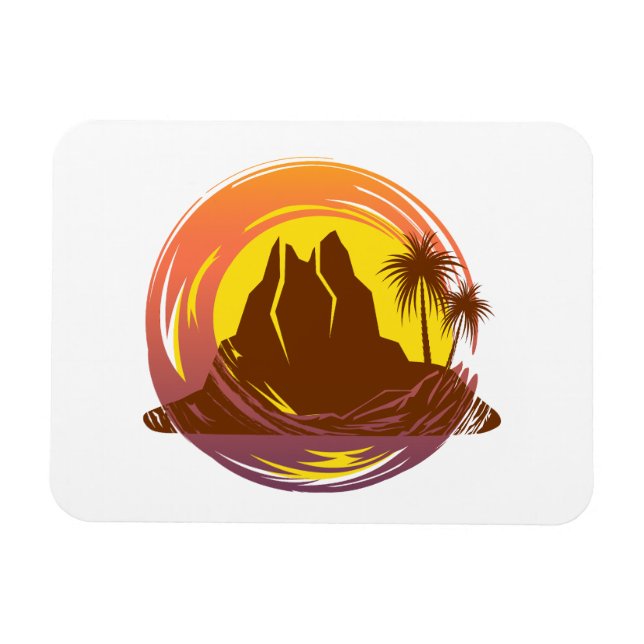 Badge with tropical volcano scenery and palm trees magnet (Horizontal)