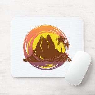 Badge with tropical volcano scenery and palm trees mouse pad