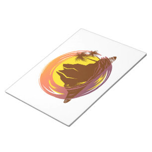 Badge with tropical volcano scenery and palm trees notepad