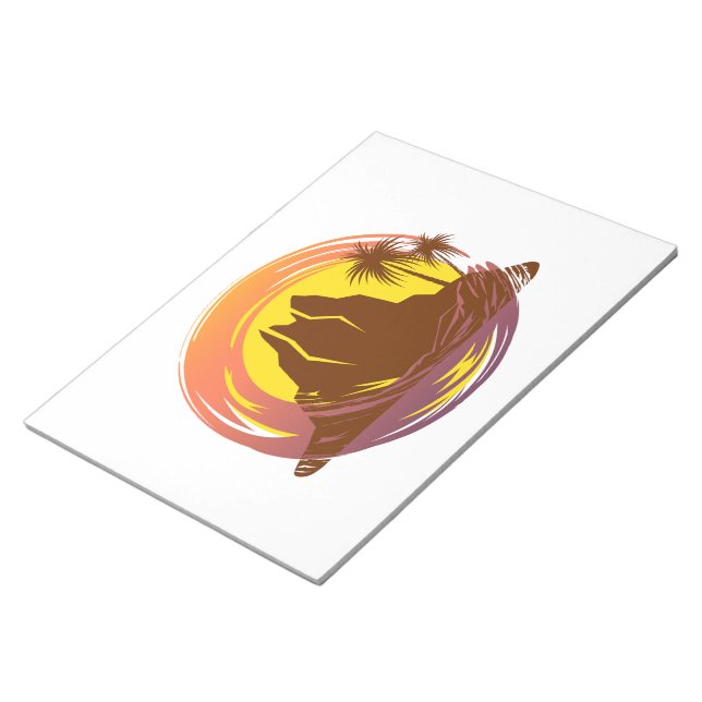 Badge with tropical volcano scenery and palm trees notepad (Angled)