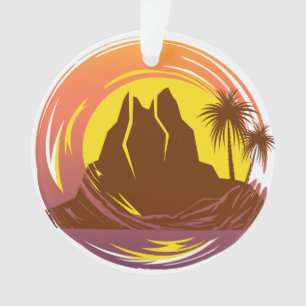 Badge with tropical volcano scenery and palm trees ornament