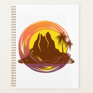 Badge with tropical volcano scenery and palm trees planner