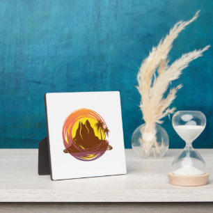 Badge with tropical volcano scenery and palm trees plaque