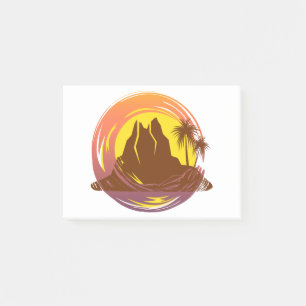 Badge with tropical volcano scenery and palm trees post-it notes