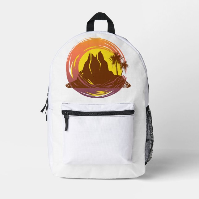Badge with tropical volcano scenery and palm trees printed backpack (Front)