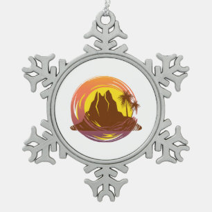 Badge with tropical volcano scenery and palm trees snowflake pewter christmas ornament