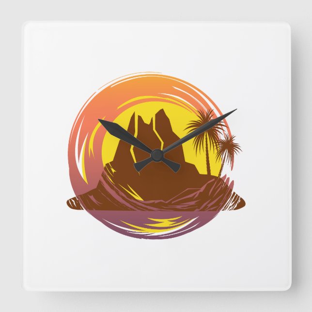 Badge with tropical volcano scenery and palm trees square wall clock (Front)