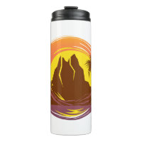 Badge with tropical volcano scenery and palm trees
