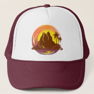Badge with tropical volcano scenery and palm trees trucker hat