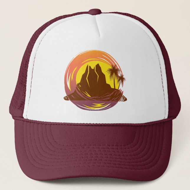 Badge with tropical volcano scenery and palm trees trucker hat (Front)