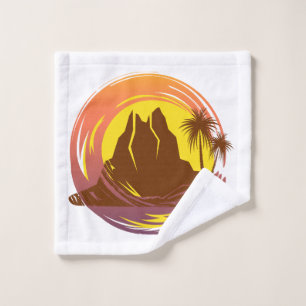 Badge with tropical volcano scenery and palm trees wash cloth