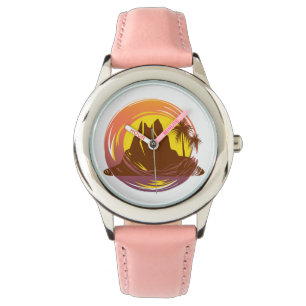 Badge with tropical volcano scenery and palm trees watch