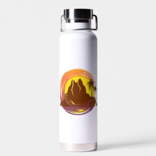 Badge with tropical volcano scenery and palm trees water bottle