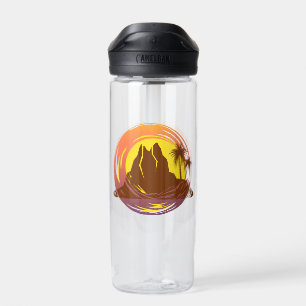 Badge with tropical volcano scenery and palm trees water bottle