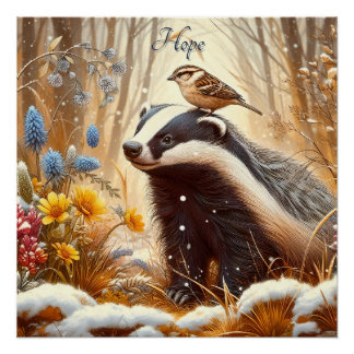 Badger and Sparrow Nature Wildlife Rustic Poster