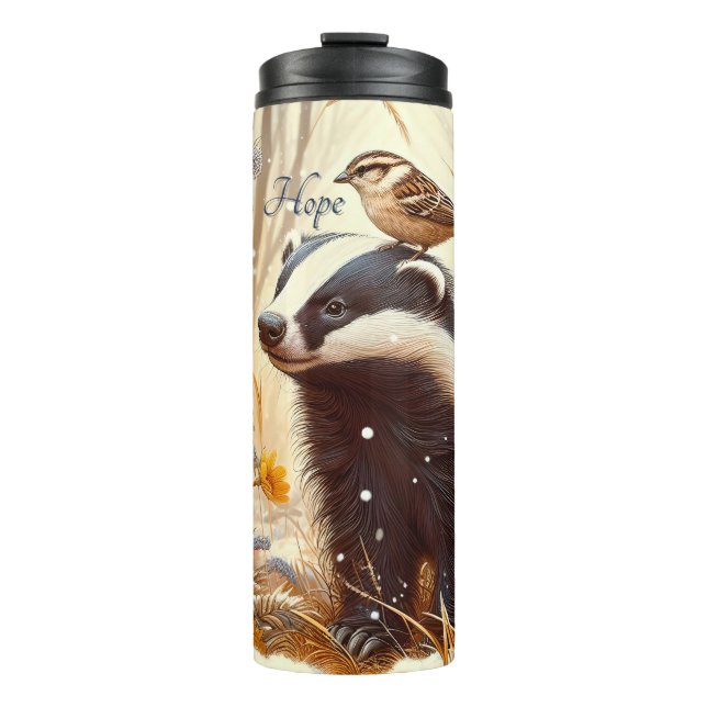 Badger and Sparrow Nature Wildlife Rustic Thermal Tumbler (Front)