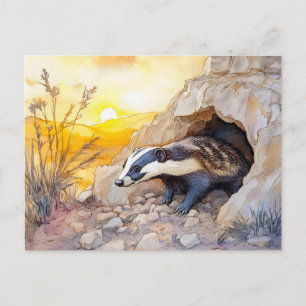 Badger emerging from a burrow at sunrise watercolo postcard
