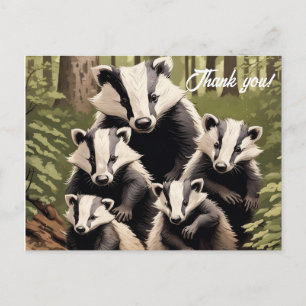 Badger family in woodland setting Thank You Postcard