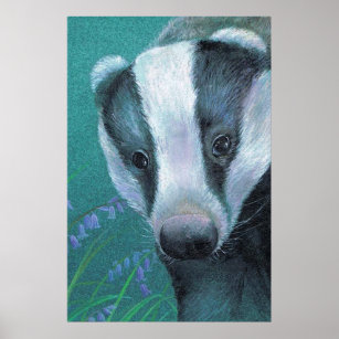 Badger in the bluebell woods art poster