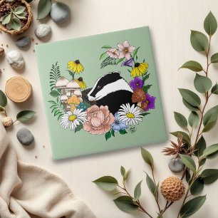Badger Wild Flowers Mushrooms Green Ceramic Tile