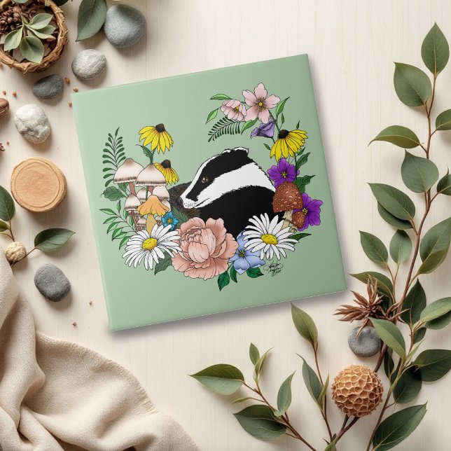 Badger Wild Flowers Mushrooms Green Ceramic Tile (Creator Uploaded)