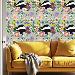 Badger Wild Flowers Mushrooms Green  Wallpaper
