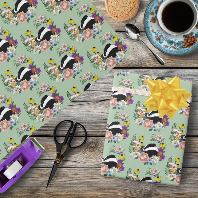 Badger Wild Flowers Mushrooms Green Wrapping Paper (Creator Uploaded)