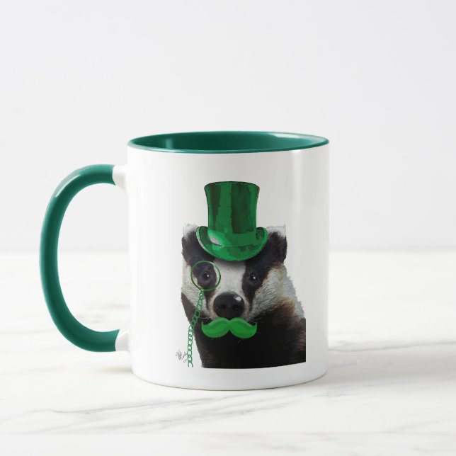 Badger with Green Top Hat and Moustache Mug (Left)