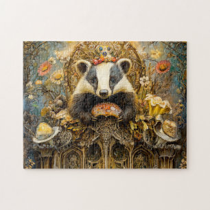 Badgers on a Mushroom Throne in a Fantasy Scene Jigsaw Puzzle