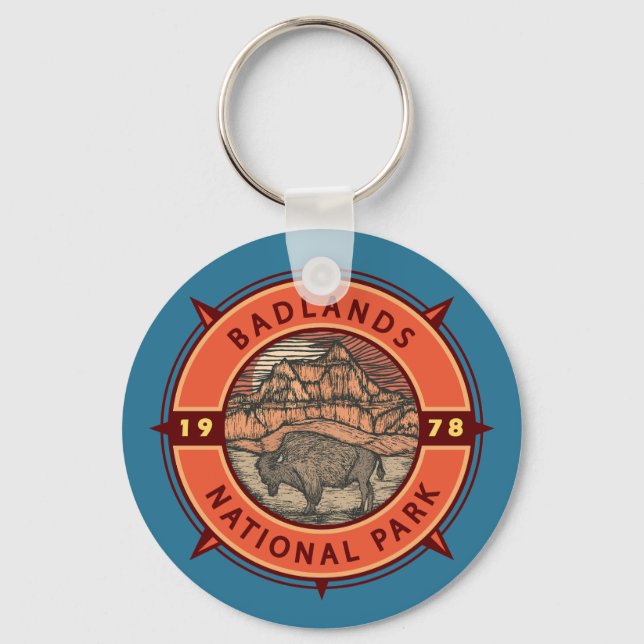 Badlands National Park Buffalo Retro Compass Key Ring (Front)