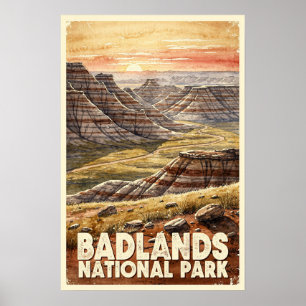 Badlands National Park Watercolor Retro Art Poster
