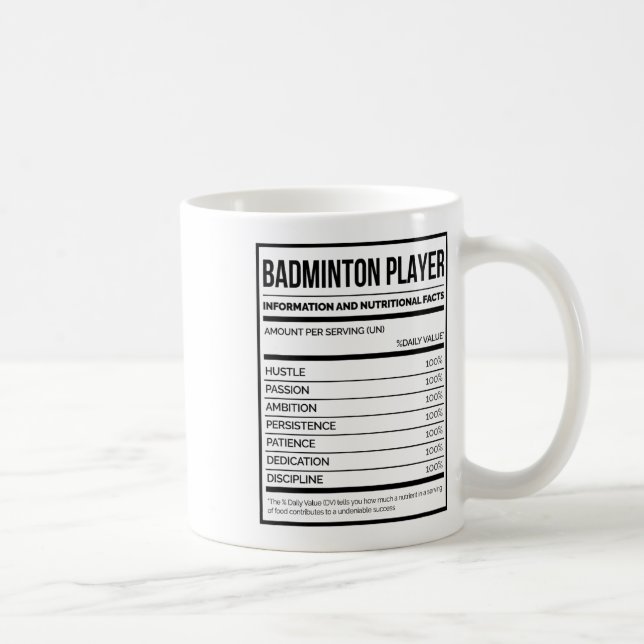Badminton Player Information And Nutritional Facts Coffee Mug (Right)