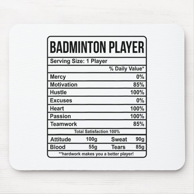 Badminton Player Information And Nutritional Facts Mouse Pad (Front)