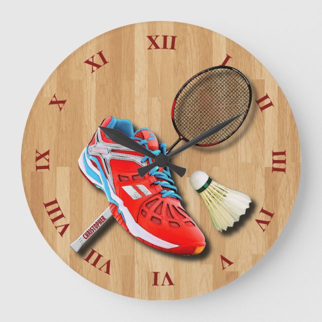 Badminton Shoe Racket Shuttlecock With Your Name Large Clock (Front)