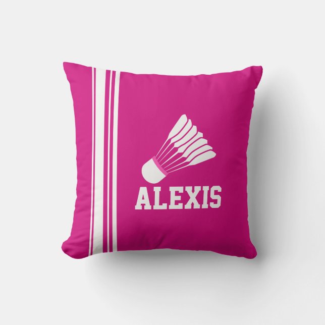 Badminton sports stripe white pink name pillow (Front)