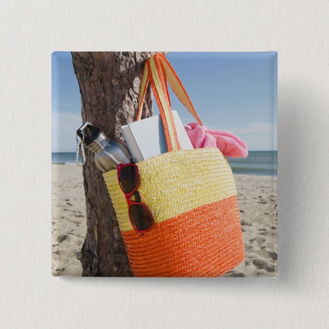 Bag Hanging On Tree Trunk At Sandy Beach 15 Cm Square Badge (Front)