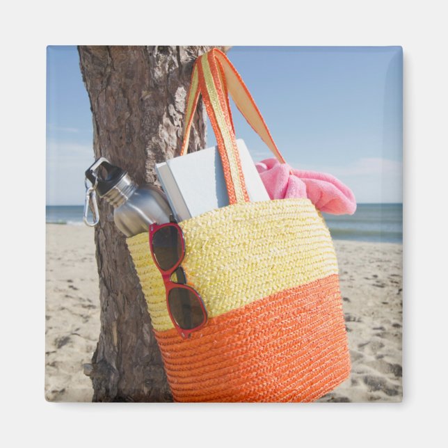Bag Hanging On Tree Trunk At Sandy Beach Magnet (Front)