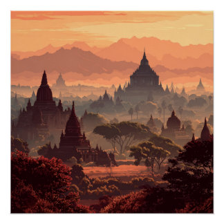 Bagan Myanmar Ancient Temples Vintage Poster