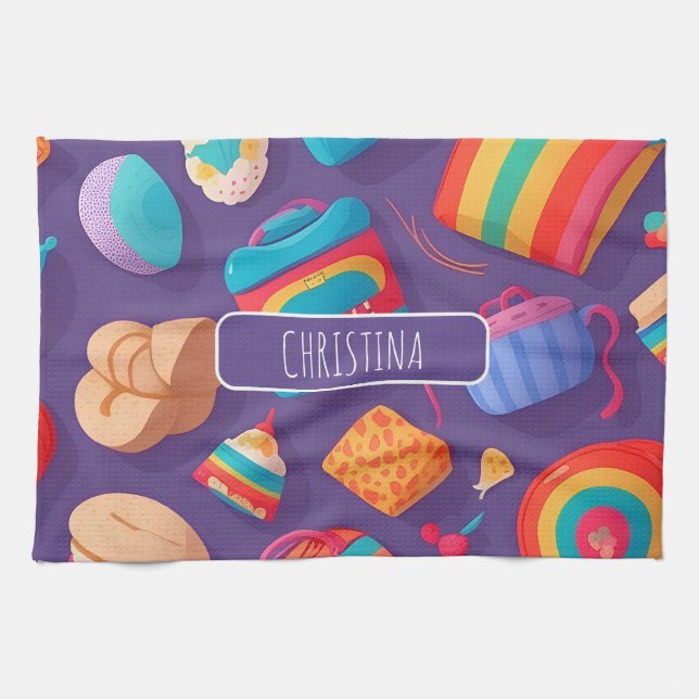 Bagel  Colourful Personalised Pattern Tea Towel (Horizontal)