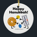Bagel & Cream Cheese - Happy Hanukkah! Ceramic Ornament<br><div class="desc">Jewish food BFFs—Bagel & Cream Cheese—greet each other warmly at Hanukkah and play with a dreidel for chocolate coins (gelt). Part of my "Friendly Foods" collection... click on Store link below to see them all. YOU CAN CHANGE THE BACKGROUND TO ANY COLOR YOU WANT!</div>