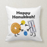 Bagel & Cream Cheese - Happy Hanukkah! Cushion<br><div class="desc">Jewish food BFFs—Bagel & Cream Cheese—greet each other warmly at Hanukkah,  and play with a dreidel for chocolate coins (gelt). Part of my "Friendly Foods" collection... click on Store link below to see them all. YOU CAN CHANGE THE BACKGROUND COLOR ON BOTH SIDES OF PILLOW TO ANYTHING YOU WANT!</div>