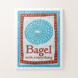 Bagel Jigsaw Puzzle - Fun Blue Red Food Game<br><div class="desc">Bagel With Everything in blue and red features a busy patterned bagel with polka dot frame in woodblock,  linocut style.</div>