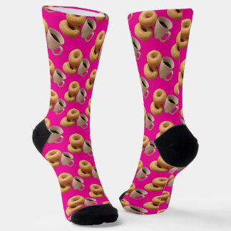 Bagels and Coffee Fuchsia Pink Background Socks