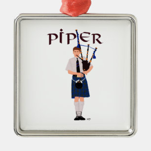 Bagpiper - Blue Kilt Metal Tree Decoration