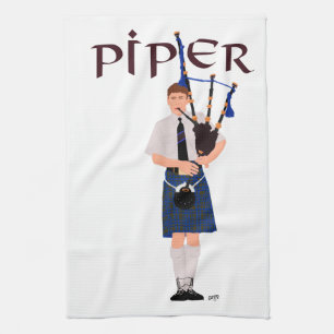 Bagpiper - Blue Kilt Tea Towel