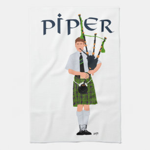 Bagpiper - Green Kilt Tea Towel