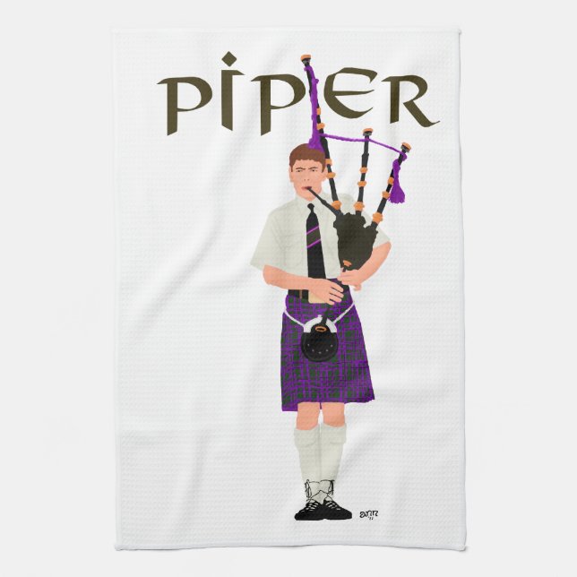 Bagpiper - Purple Kilt Tea Towel (Vertical)
