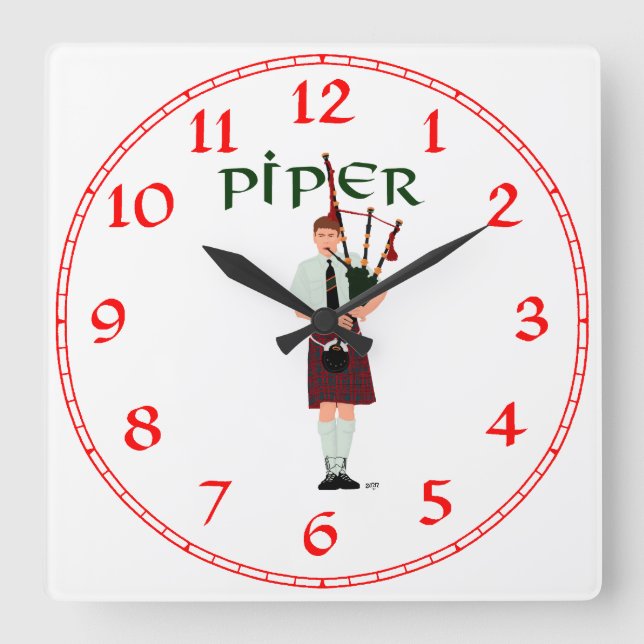 Bagpiper - Red Kilt Square Wall Clock (Front)