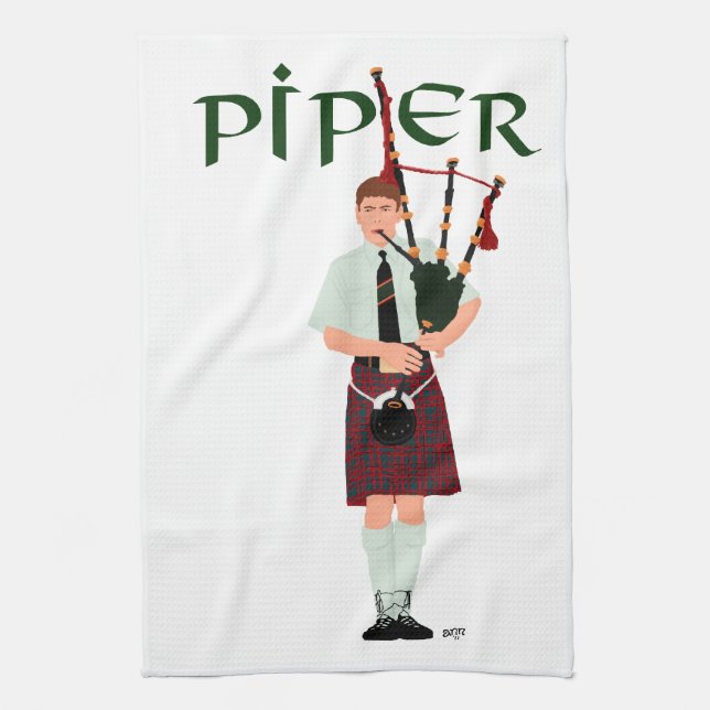 Bagpiper - Red Kilt Tea Towel (Vertical)
